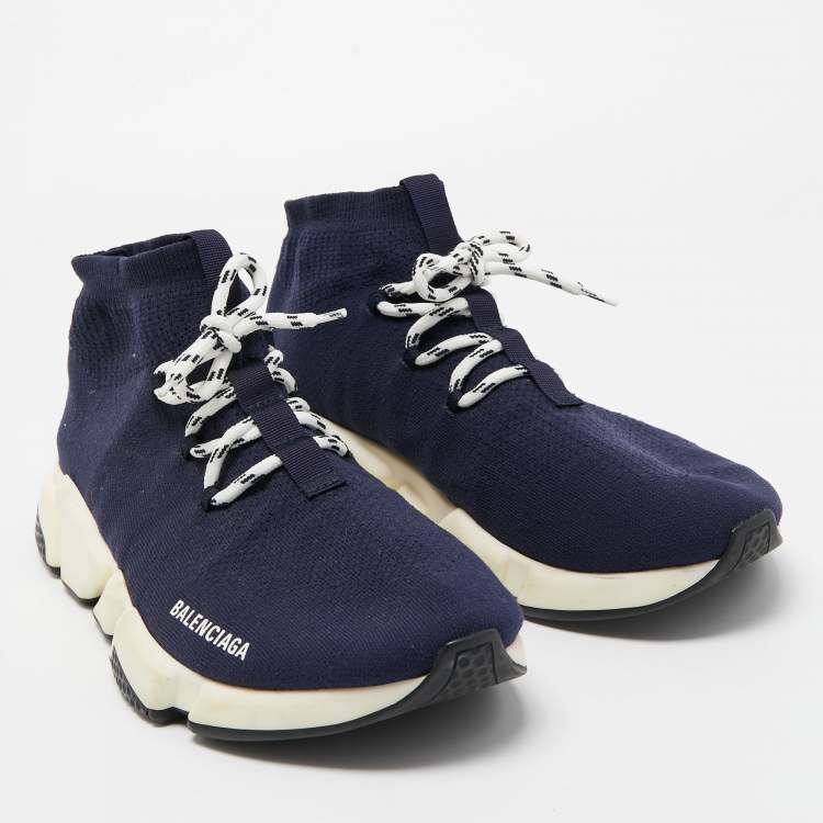 Pre Owned Balenciaga Navy Blue Knit Fabric Speed Trainer Sneakers Size 45