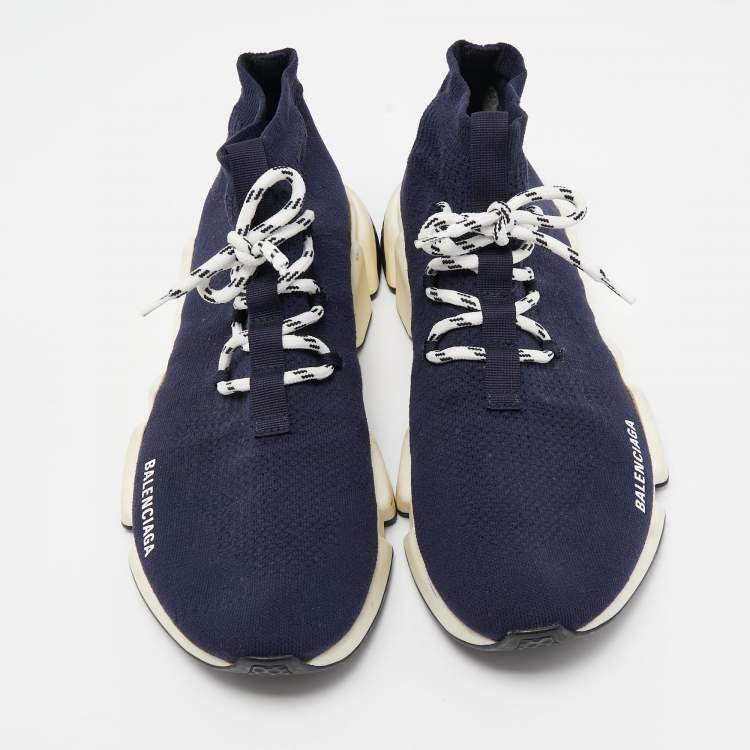 Pre Owned Balenciaga Navy Blue Knit Fabric Speed Trainer Sneakers Size 45