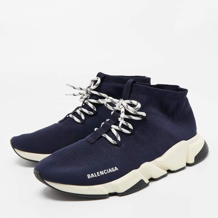 Pre Owned Balenciaga Navy Blue Knit Fabric Speed Trainer Sneakers Size 45