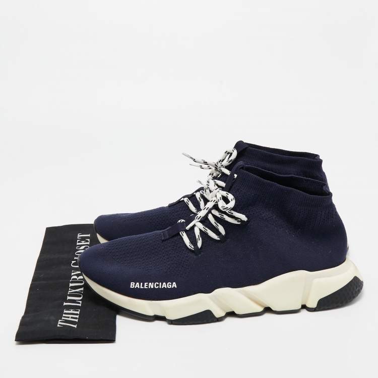 Pre Owned Balenciaga Navy Blue Knit Fabric Speed Trainer Sneakers Size 45