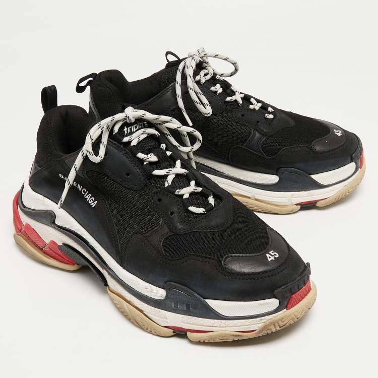 Pre Owned Balenciaga Black Leather and Mesh Triple S Sneakers Size 45