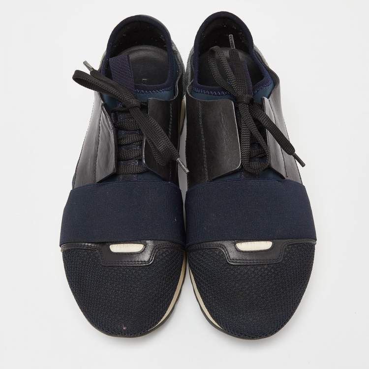 Pre Owned Balenciaga Black/Navy Blue Leather and Mesh Race Runner Sneakers Size 39