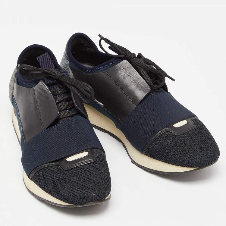 Pre Owned Balenciaga Black/Navy Blue Leather and Mesh Race Runner Sneakers Size 39