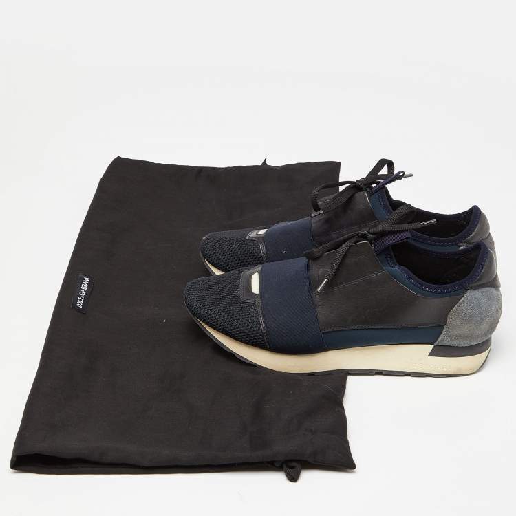 Pre Owned Balenciaga Black/Navy Blue Leather and Mesh Race Runner Sneakers Size 39