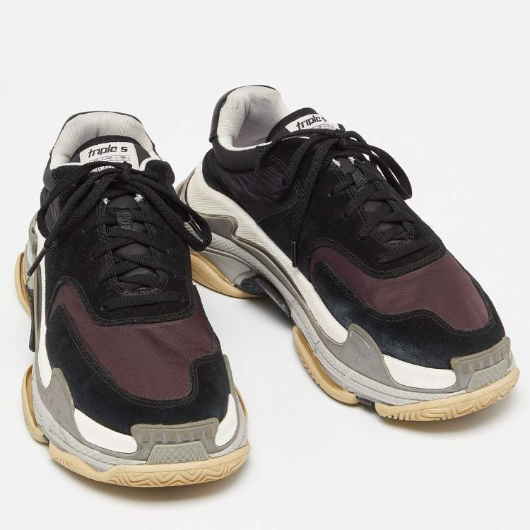 Pre Owned Balenciaga Black/Burgundy Suede and Nylon Triple S Sneakers Size 41