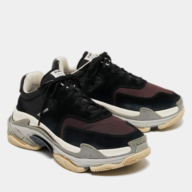 Pre Owned Balenciaga Black/Burgundy Suede and Nylon Triple S Sneakers Size 43