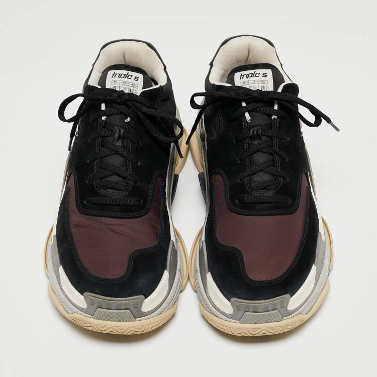 Pre Owned Balenciaga Black/Burgundy Suede and Nylon Triple S Sneakers Size 43