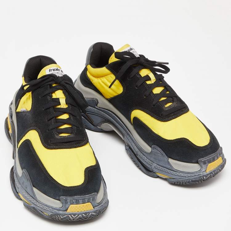 مملوكة مسبقًا Balenciaga Black/Yellow Suede and Nylon Triple S Sneakers Size 44
