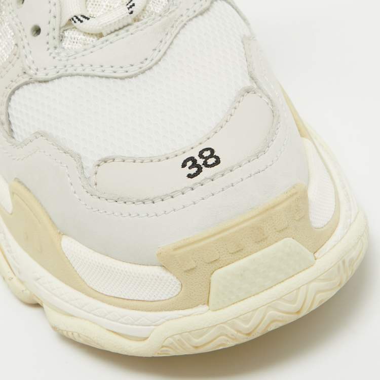 Pre Owned Balenciaga White/Grey Leather and Mesh Triple S Sneakers Size 38