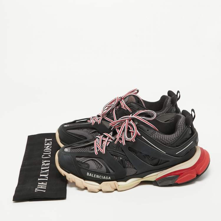 Pre Owned Balenciaga Black/Grey Mesh and Faux Leather Track Sneakers Size 42