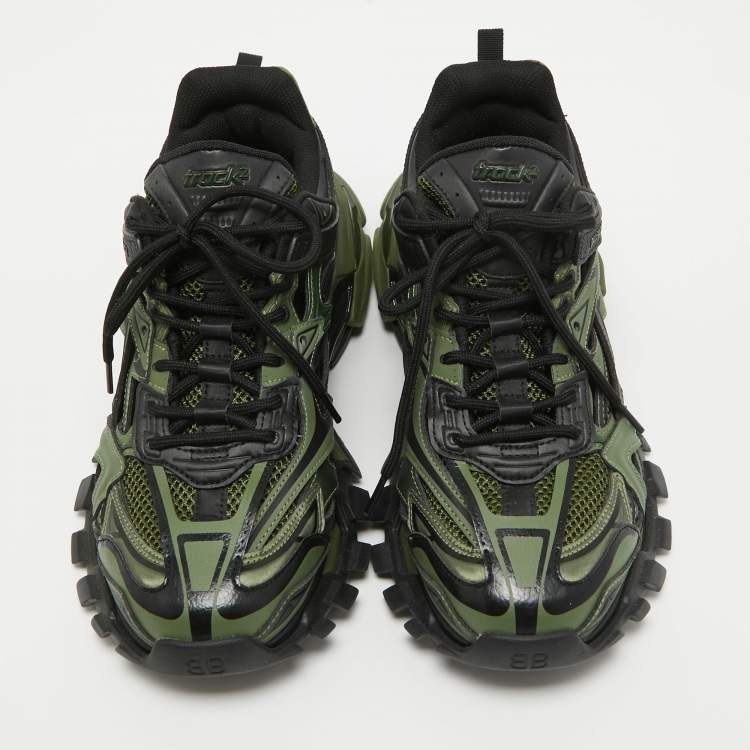 Pre Owned Balenciaga Green Faux Leather and Mesh Track 2 Sneakers Size 42