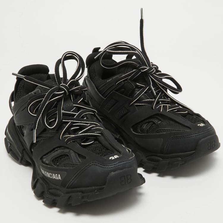 Pre Owned Balenciaga Black Faux Leather and Mesh Track Sneakers Size 36