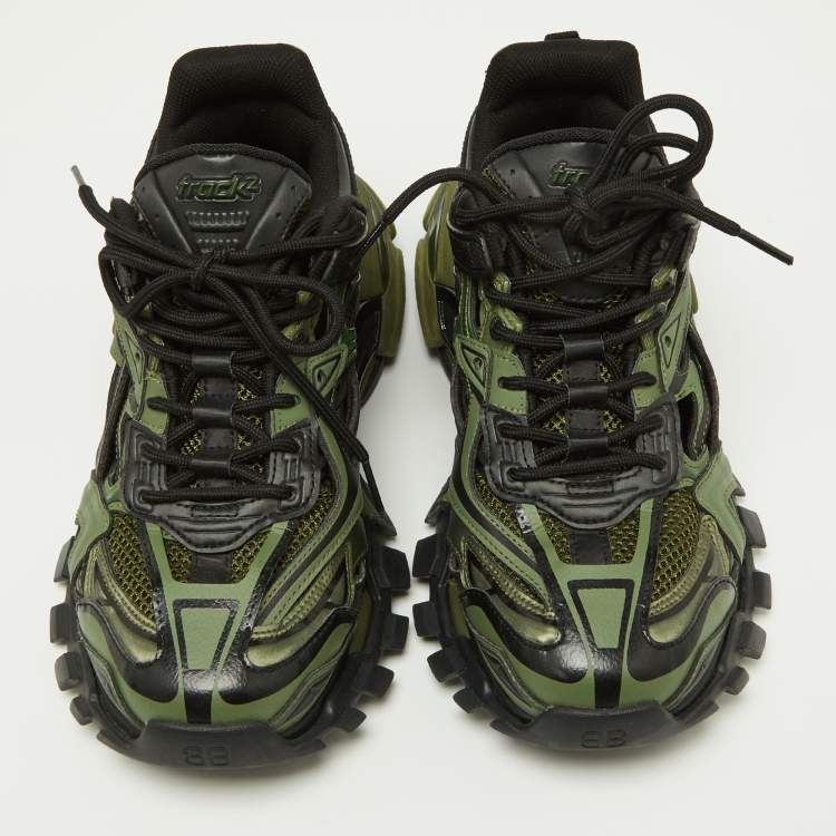 Pre Owned Balenciaga Green Faux Leather and Mesh Track 2 Sneakers Size 42
