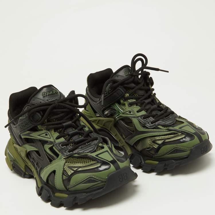 Pre Owned Balenciaga Green Faux Leather and Mesh Track 2 Sneakers Size 42