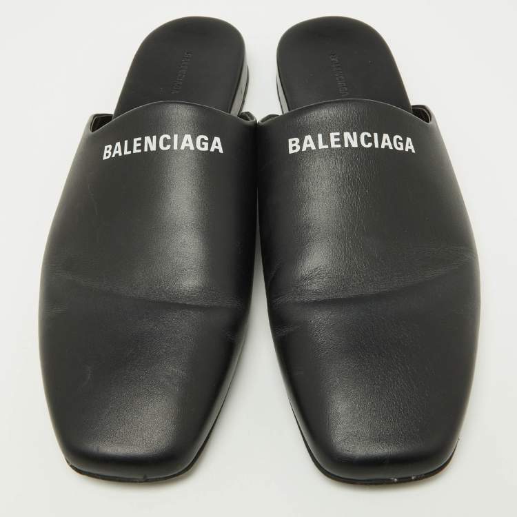Pre Owned Balenciaga Black Leather Flat Mules Size 41