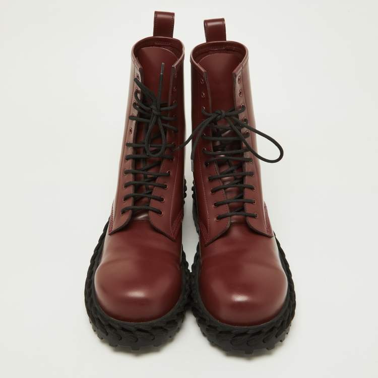 Pre Owned Balenciaga Bordeaux Leather Lace Up Ankle Length Boots Size 45