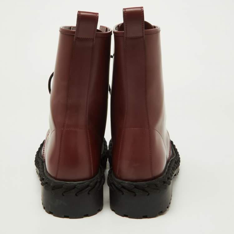 Pre Owned Balenciaga Bordeaux Leather Lace Up Ankle Length Boots Size 45