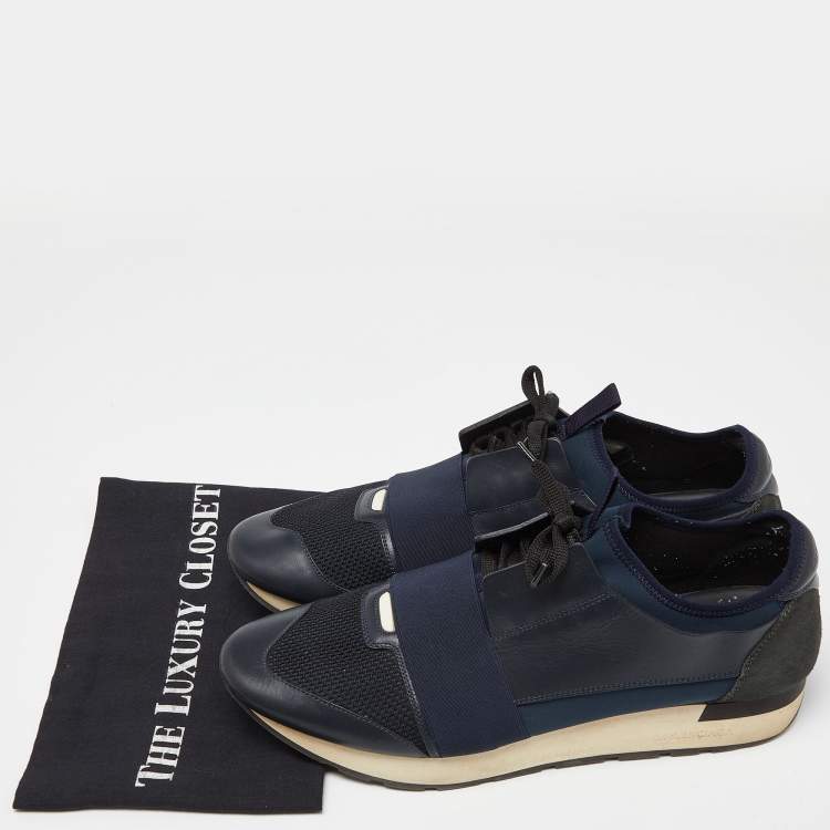 Pre Owned Balenciaga Blue Leather, Mesh and Neoprene Race Runner Sneakers Size 45