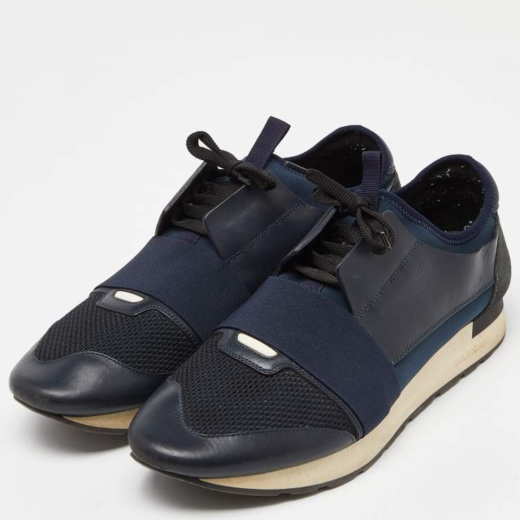 Pre Owned Balenciaga Blue Leather, Mesh and Neoprene Race Runner Sneakers Size 45