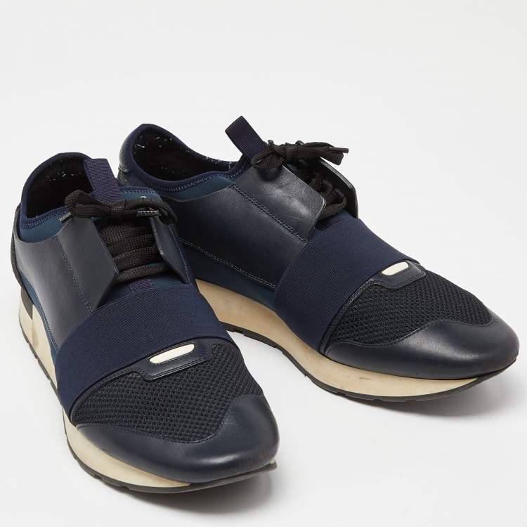 Pre Owned Balenciaga Blue Leather, Mesh and Neoprene Race Runner Sneakers Size 45