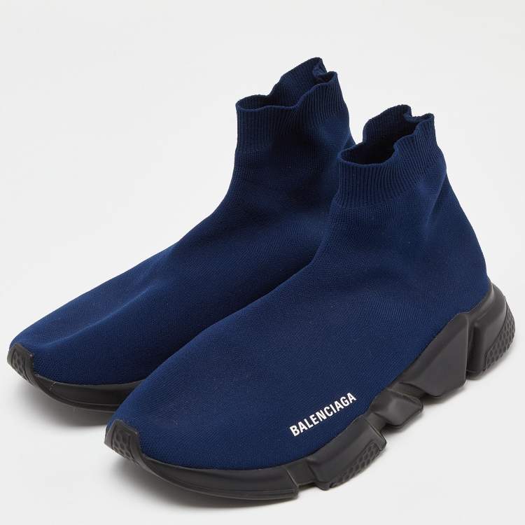 Pre Owned Balenciaga Blue Knit Fabric Speed Trainers High Top Sneakers Size 44