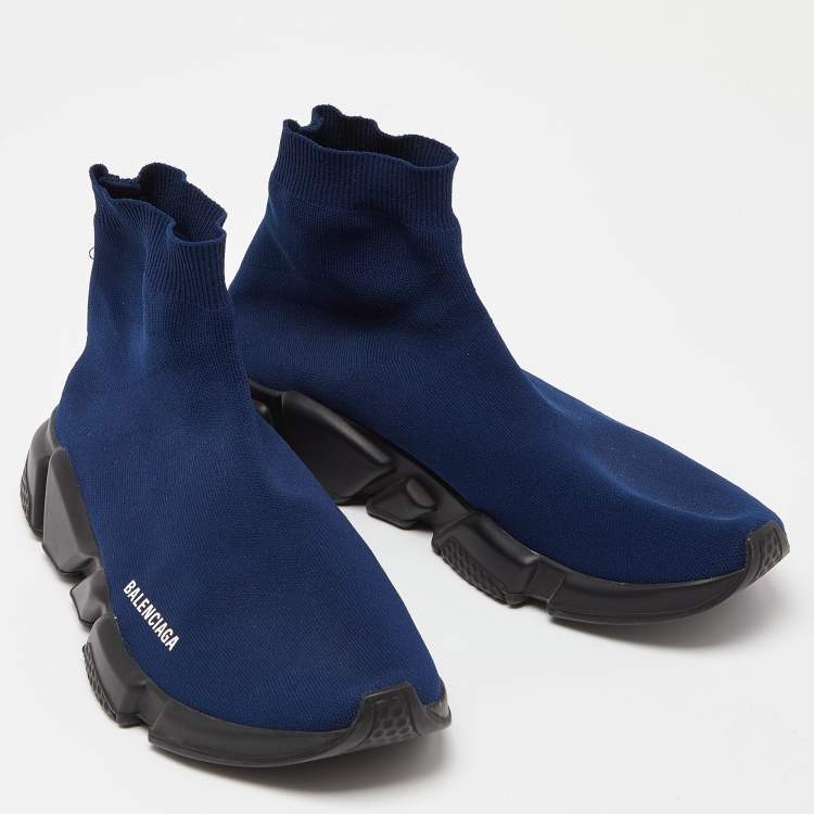 Pre Owned Balenciaga Blue Knit Fabric Speed Trainers High Top Sneakers Size 44