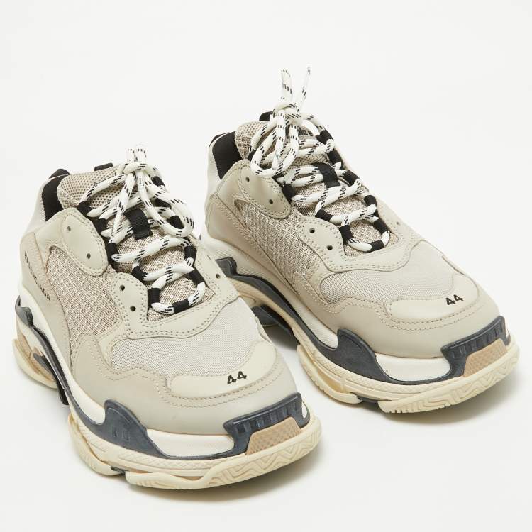 Pre Owned Balenciaga Grey/Black Leather and Mesh Triple S Sneakers Size 44