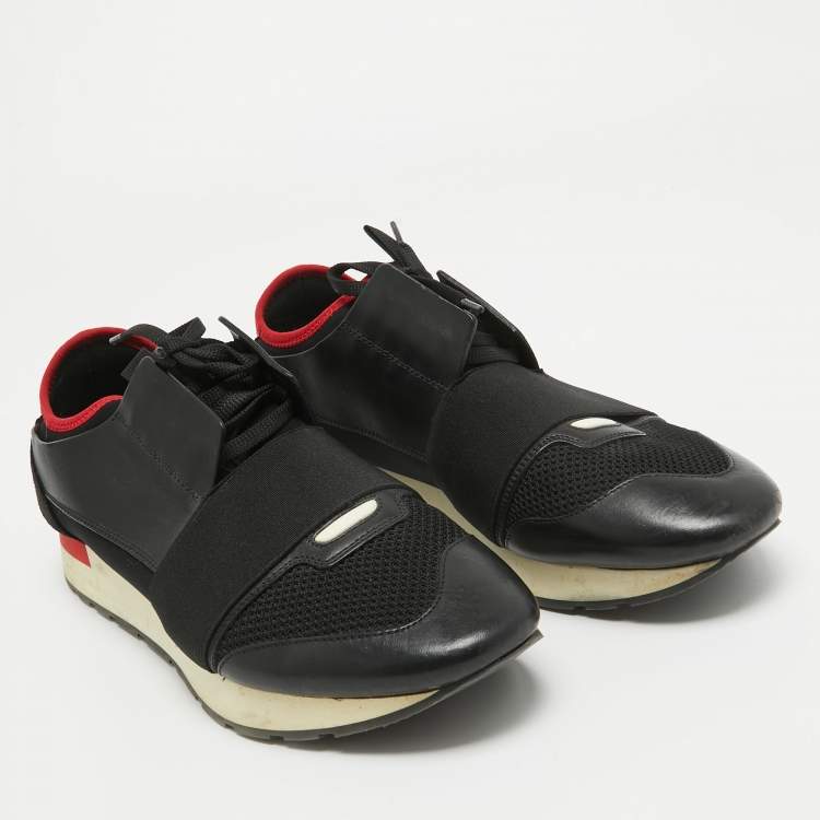 Pre Owned Balenciaga Black/Red Leather and Mesh Race Runner Sneakers Size 42