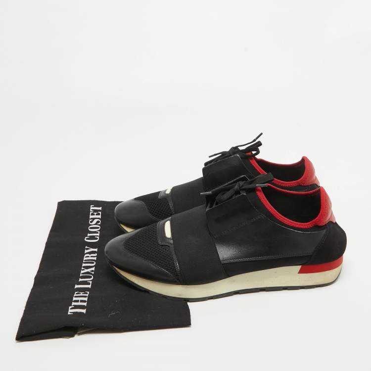 Pre Owned Balenciaga Black/Red Leather and Mesh Race Runner Sneakers Size 42