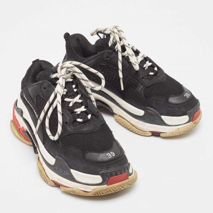 Pre Owned Balenciaga Black Faux Leather and Mesh Triple S Sneakers Size 39