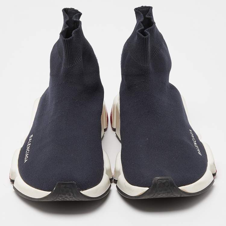 Pre Owned Balenciaga Blue Knit Fabric Speed Trainer High Top Sneakers Size 39