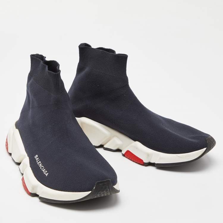 Pre Owned Balenciaga Blue Knit Fabric Speed Trainer High Top Sneakers Size 39