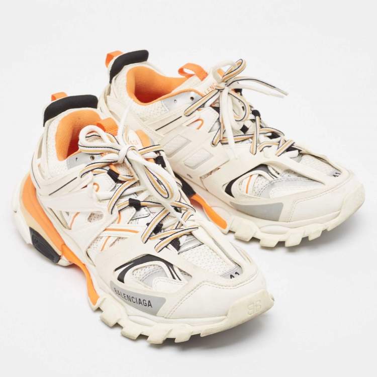 Pre Owned Balenciaga White/Orange Mesh and Faux Leather Track Low Top Sneakers Size 41
