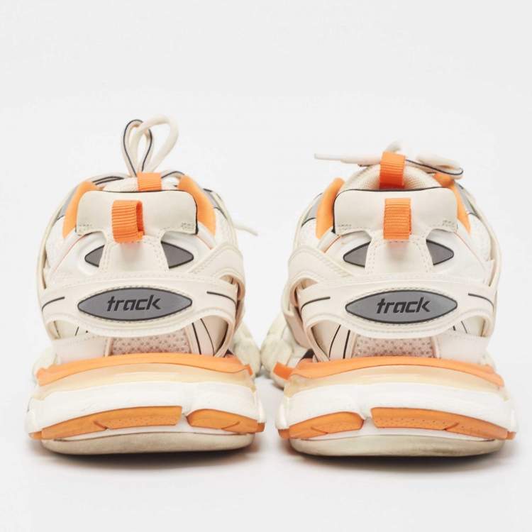 Pre Owned Balenciaga White/Orange Mesh and Faux Leather Track Low Top Sneakers Size 41