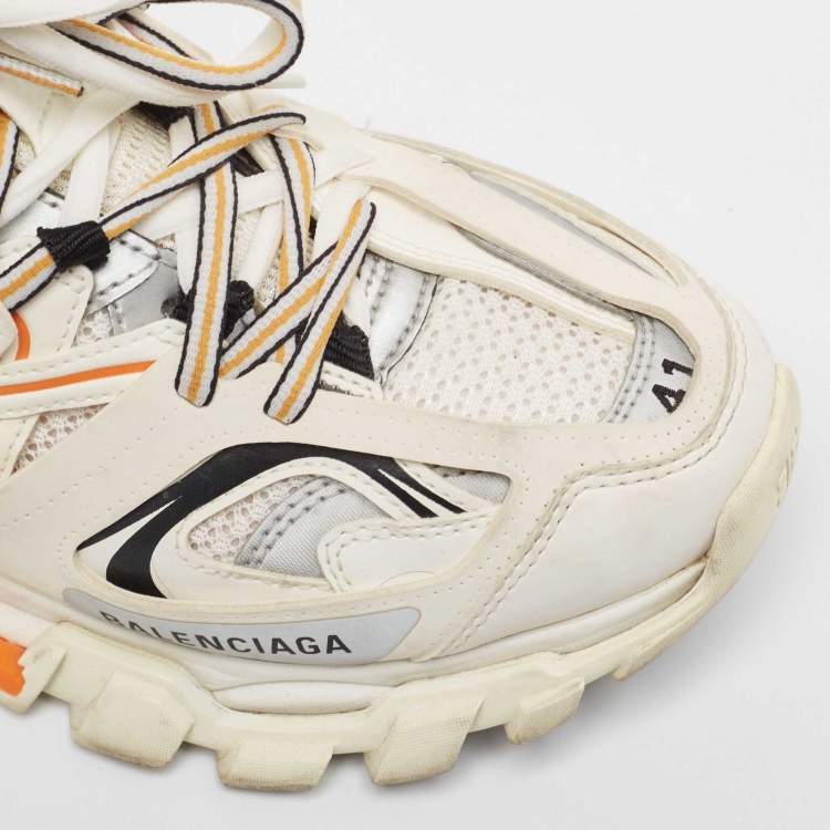 Pre Owned Balenciaga White/Orange Mesh and Faux Leather Track Low Top Sneakers Size 41