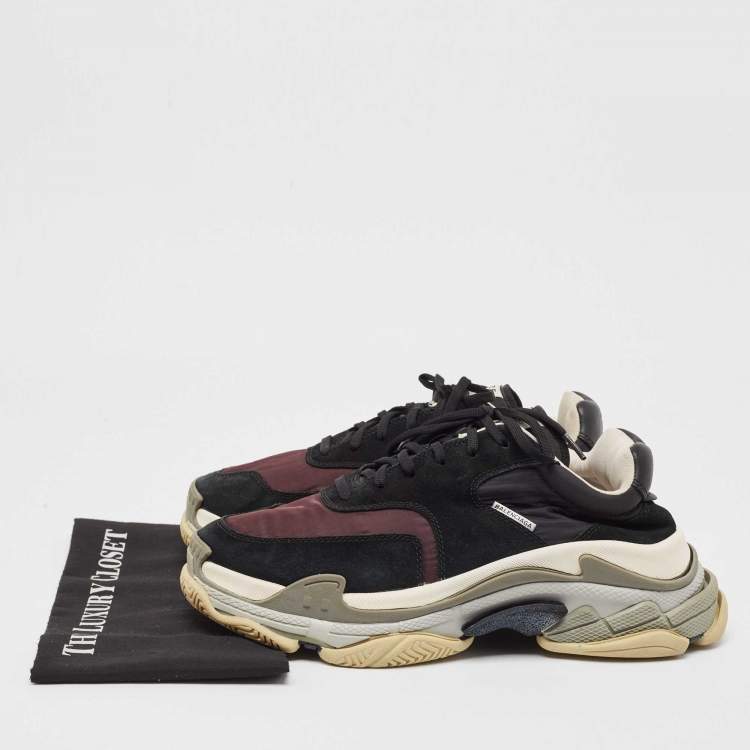 Pre Owned Balenciaga Black/Burgundy Suede Leather And Fabric Triple S Low Top Sneakers Size 44 