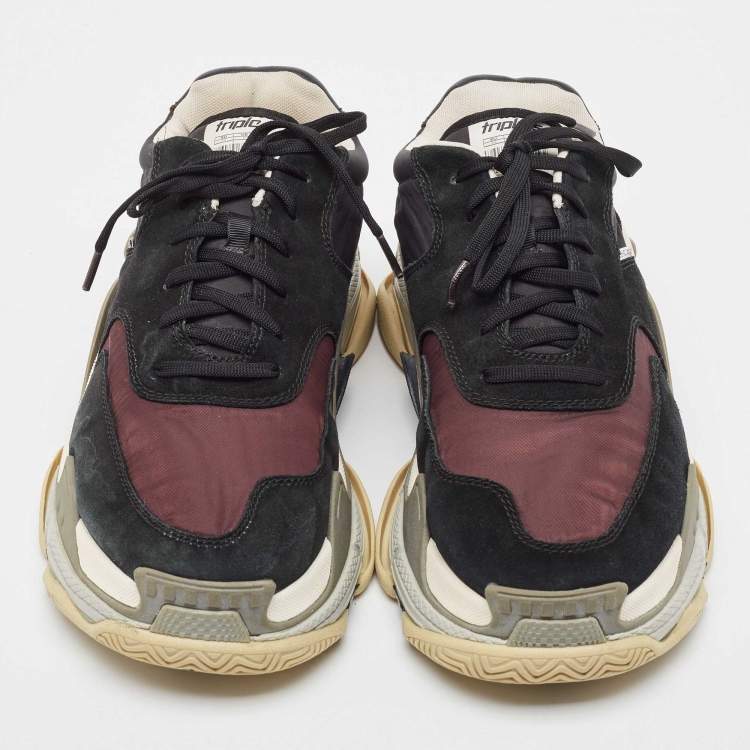 Pre Owned Balenciaga Black/Burgundy Suede Leather And Fabric Triple S Low Top Sneakers Size 44 