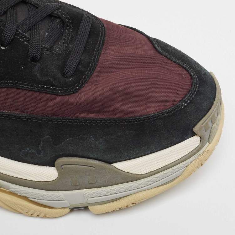 Pre Owned Balenciaga Black/Burgundy Suede Leather And Fabric Triple S Low Top Sneakers Size 44 
