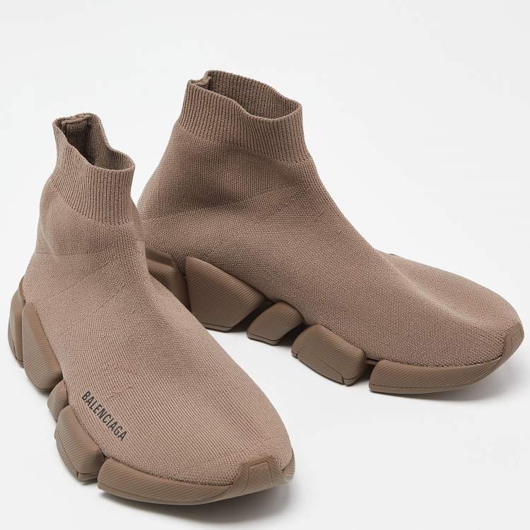 Pre Owned Balenciaga Brown Knit Fabric Speed Trainer High Top Sneakers Size 39