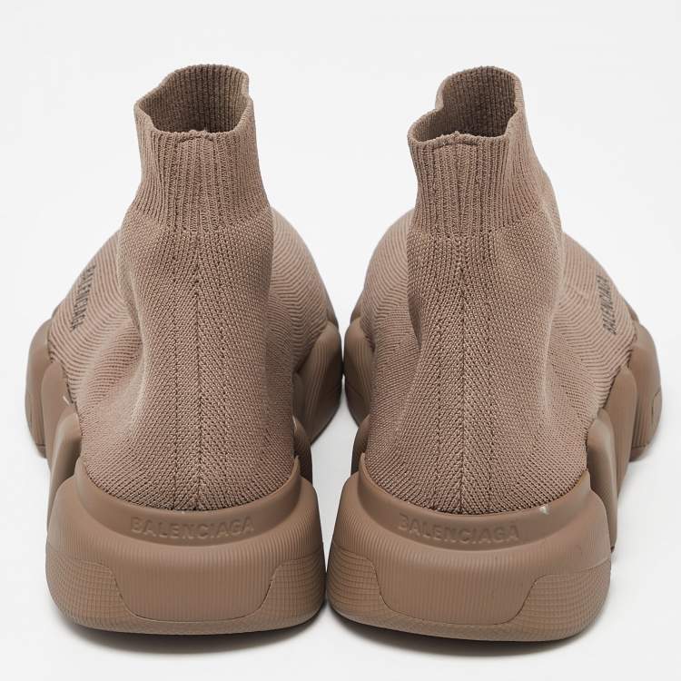 Pre Owned Balenciaga Brown Knit Fabric Speed Trainer High Top Sneakers Size 39