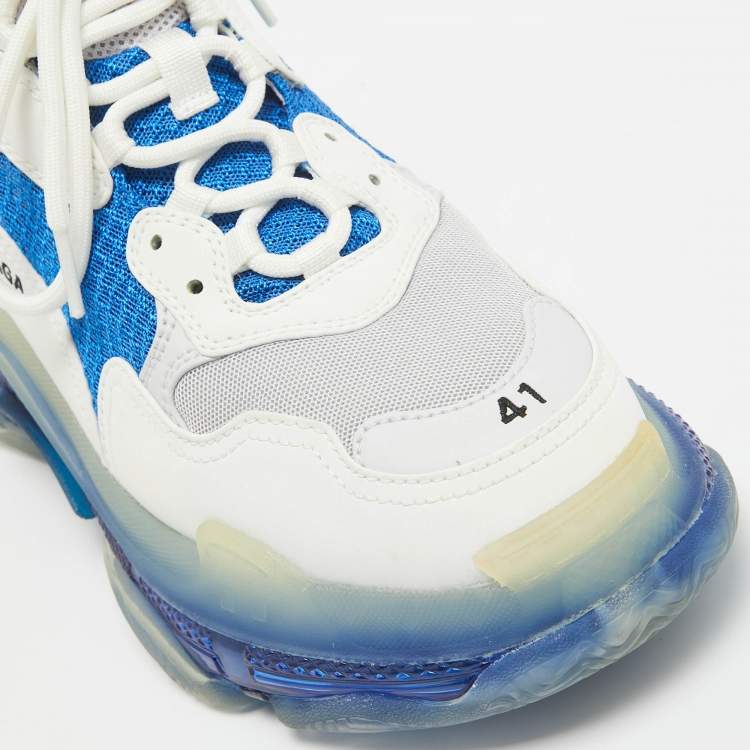 Pre Owned Balenciaga White/Blue Leather and Mesh Triple S Clear Sole Sneakers Size 41
