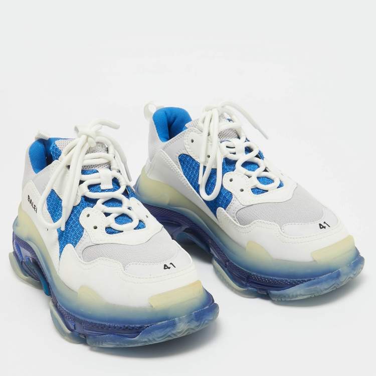 Pre Owned Balenciaga White/Blue Leather and Mesh Triple S Clear Sole Sneakers Size 41