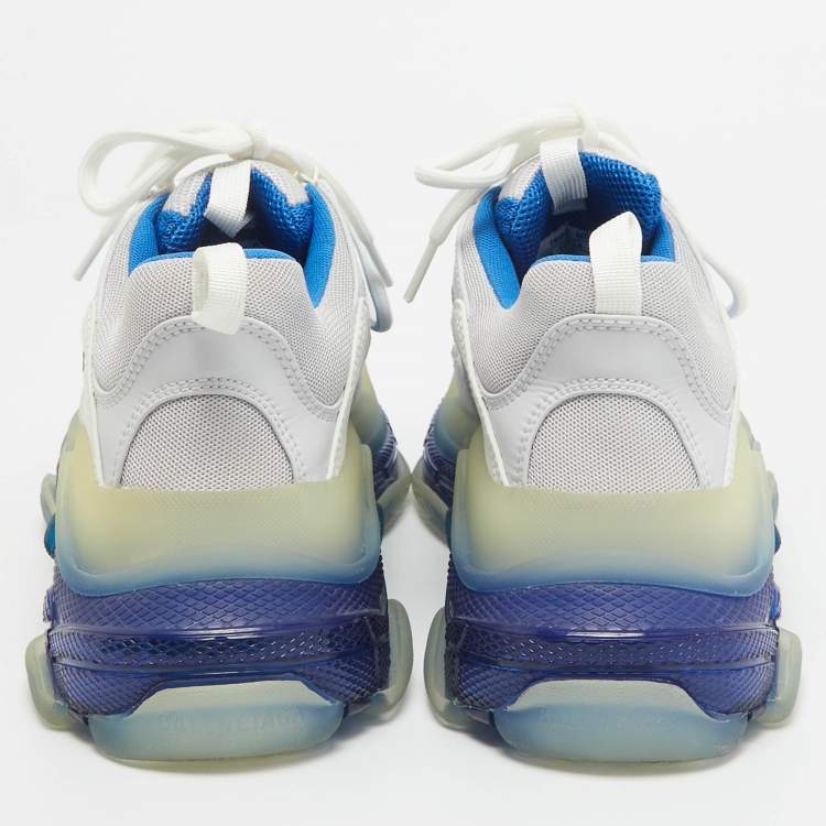 Pre Owned Balenciaga White/Blue Leather and Mesh Triple S Clear Sole Sneakers Size 41