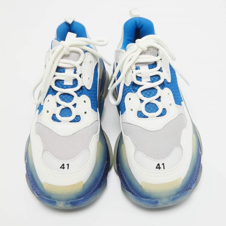 Pre Owned Balenciaga White/Blue Leather and Mesh Triple S Clear Sole Sneakers Size 41