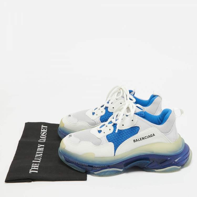 Pre Owned Balenciaga White/Blue Leather and Mesh Triple S Clear Sole Sneakers Size 41