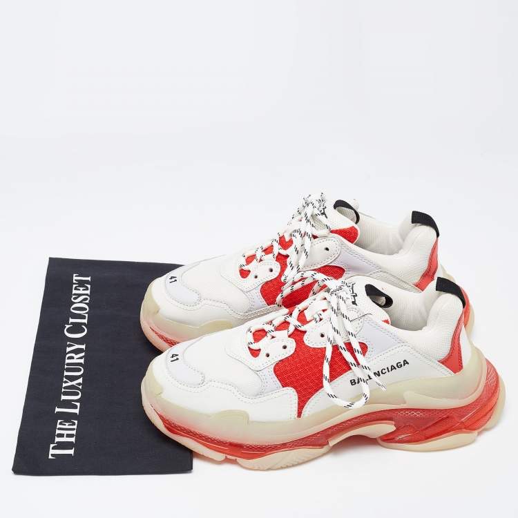 Pre Owned Balenciaga White/Red Leather and Mesh Triple S Clear Sole Sneakers Size 41