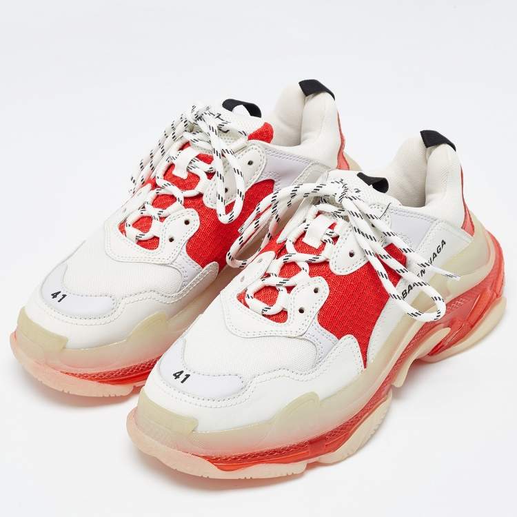 Pre Owned Balenciaga White/Red Leather and Mesh Triple S Clear Sole Sneakers Size 41
