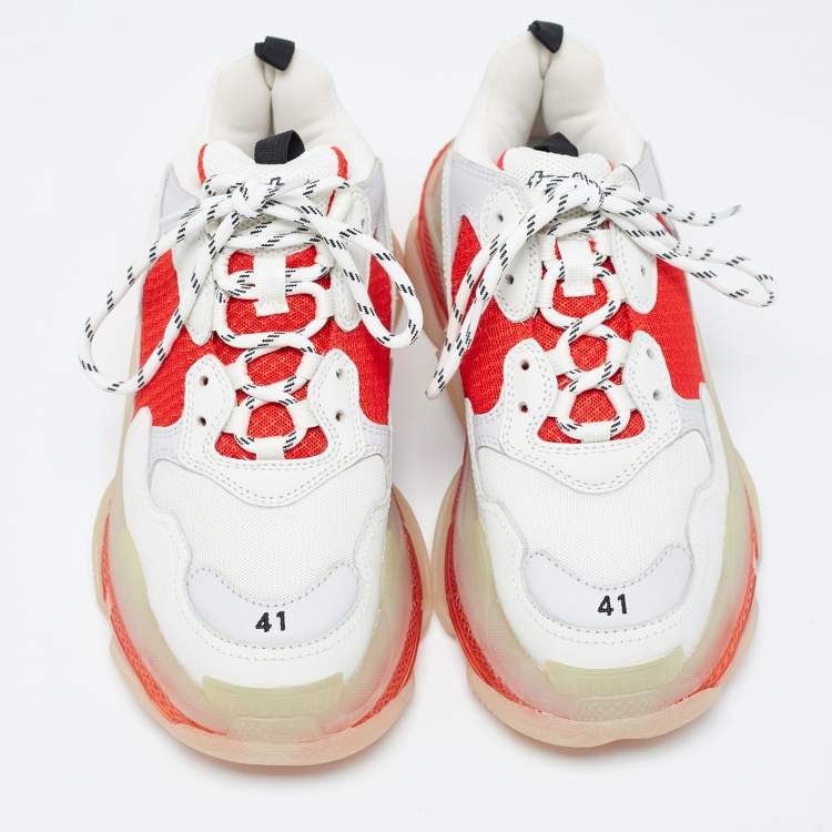 Pre Owned Balenciaga White/Red Leather and Mesh Triple S Clear Sole Sneakers Size 41