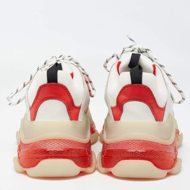 Pre Owned Balenciaga White/Red Leather and Mesh Triple S Clear Sole Sneakers Size 41