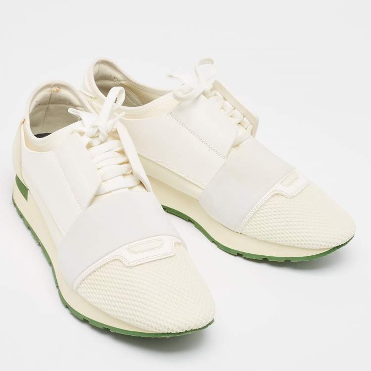 Pre Owned Balenciaga Cream/White Mesh and Leather Race Runner Sneakers Size 41